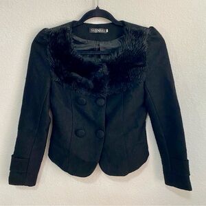 Nadasha Black Faux Fur Trim Cropped Jacket Blazer Goth Academia‎